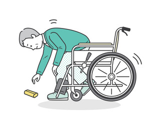 Fototapeta na wymiar 車椅子で拾い物をして転倒しそうになる高齢男性 