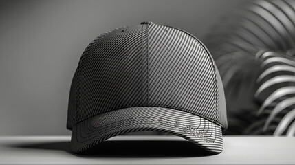 Designer cap in gray striped color with blurred background.
 - obrazy, fototapety, plakaty