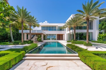 A beautiful white house with a swimming pool in the front surrounded by palm trees, creating a serene oasis against the blue sky - Powered by Adobe