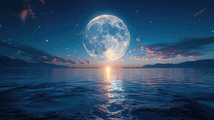 Enchanting Serenity: The Blue Moon Illuminates the Tranquil Sea - obrazy, fototapety, plakaty