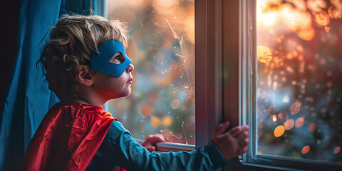 A young boy in a blue superhero costume is looking out a window