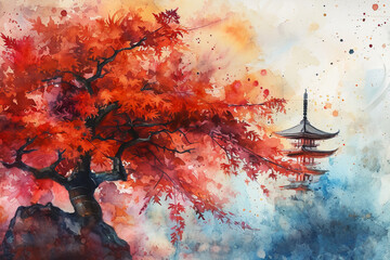 A painting of a tree with red leaves and a bridge in the background