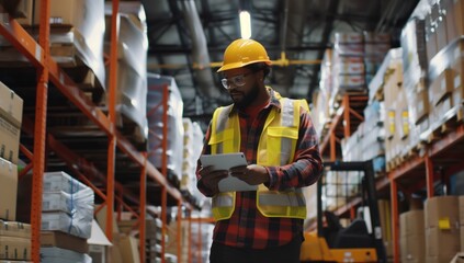 An engineer in workwear and hard hat is standing in a building inspecting a tablet. The warehouse is filled with wood and composite materials