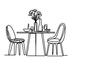 one continuous black line drawing Dining table and chairs outline doodle vector illustration on white background