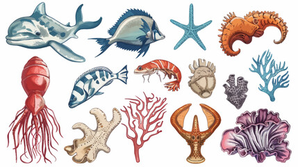 a group of sea animals and sea creatures - obrazy, fototapety, plakaty
