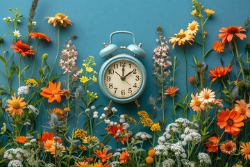 A clock sits among vibrant flowers in a natural environment, surrounded by lush green grass and shrubs. The colorful petals create a beautiful backdrop against the blue sky - Powered by Adobe