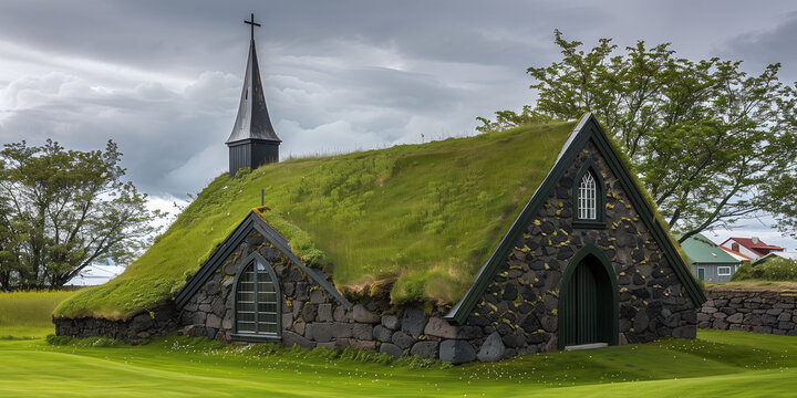 A small house with a green roof and a cross on top