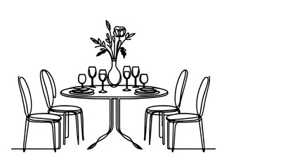 one continuous black line drawing Dining table and chairs outline doodle vector illustration on white background