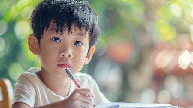 A young boy is sitting at a table with a pencil and a piece of paper.