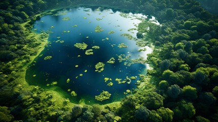 Fototapeta na wymiar From a bird's eye view, there is a lake in the middle of a green forest