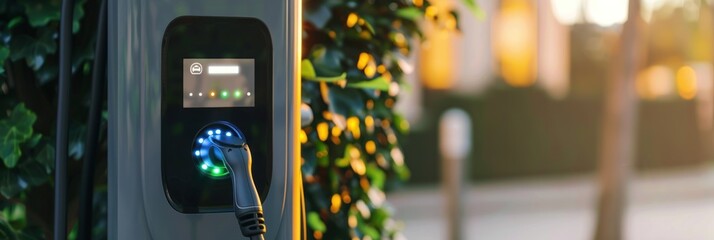 Detailed view of an electric vehicle charging station with a digital display showing environmental impact savings. - obrazy, fototapety, plakaty