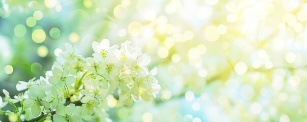 Fototapeta na wymiar Sunlight filters through fresh leaves, casting a vibrant dance of green bokeh on a dreamy spring day.