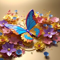 3D butterfly Illustration with flowers decoration