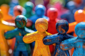 A group of wooden figurines are lined up in a rainbow order.