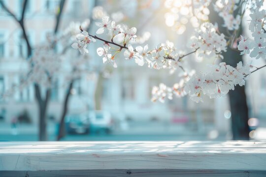 Wood table soft spring background..