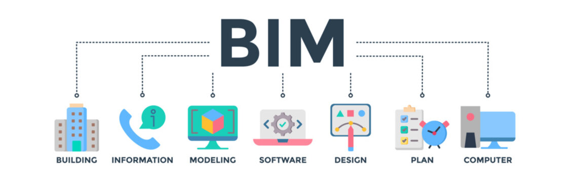 BIM banner concept for building information modeling with icon of building, information, modeling, software, design, plan, and computer