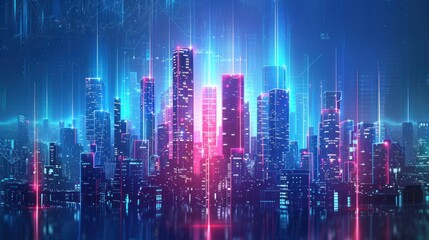 Fototapeta premium A city skyline is reflected in the water, with a large moon in the sky.