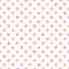 White background with purple flowers. Seamless pattern with blooming lilac. Vector. Flowering print. Linear art.