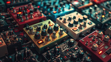 Pedal Power: A Vibrant Array of Guitar Effects Pedals in Close Proximity - obrazy, fototapety, plakaty