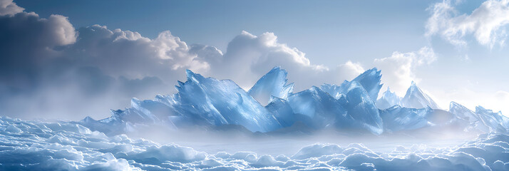 Enigmatic Icy Peaks: A Profound Interaction of Light, Ice and Fog - obrazy, fototapety, plakaty