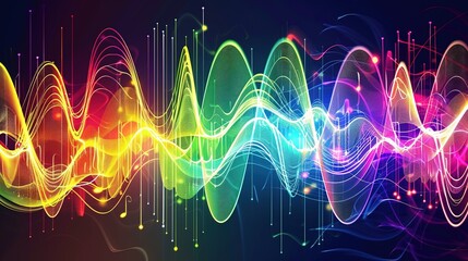 a spectrum of colorful sound waves, reminiscent of an audio equalizer, conveying the dynamic energy and vibrancy of music through visual abstraction