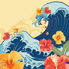 Fototapeta na wymiar Asian waves and tropical flowers, banner for AAPI in may