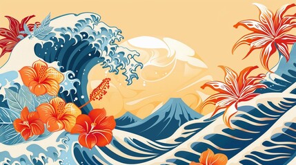 Asian waves and tropical flowers, banner for AAPI in may - obrazy, fototapety, plakaty