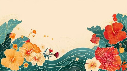 Asian waves and tropical flowers, banner for AAPI in may - obrazy, fototapety, plakaty