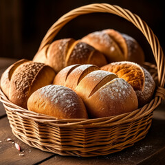 Freshly baked bread in a wicker basket on a wooden table