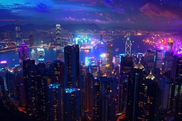 Fototapeta premium A mesmerizing wallpaper design portraying a bustling city skyline at night, with skyscrapers aglow with colorful lights and the streets below alive with activity, Generative AI