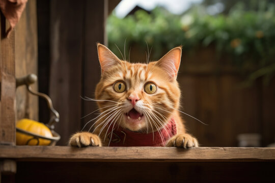 Surprised orange tabby cat peeking over wood with wide eyes. Animal expressions.