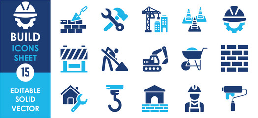 Build and construction icon element set. Containing crane, building, land and so on. Flat construction icons vector set.