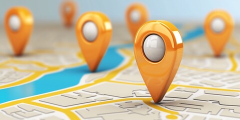 Detailed map pins on a cartographic map, suitable for location-based services or travel-related applications.