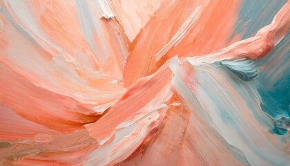 Coral peach acrylic abstraction with emotive energy and fluid brushstrokes. Soft pastel hues blend together, creating a sense of wonder and awe. Abstract expressionism.
