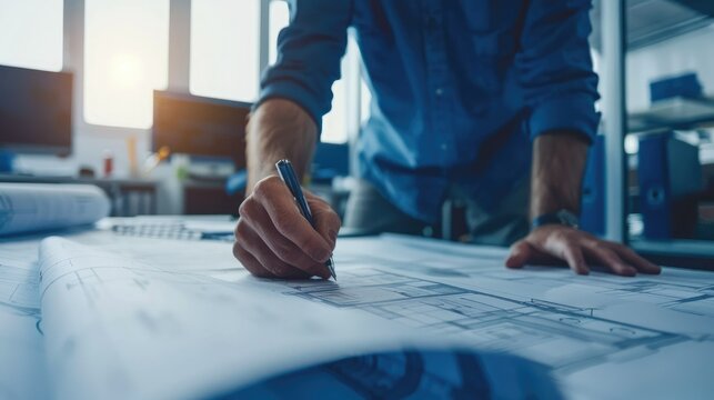 Close-up of architect working on plan in office