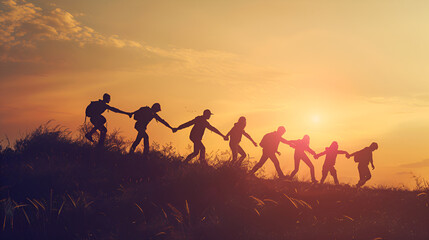 Silhouette of friends at sunset background against blue sky Freedom unity and friendship human bridge - obrazy, fototapety, plakaty