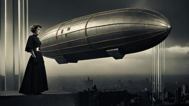 An elegant woman in a dress stands beside a retro-futuristic airship floating above a dark cloudy sky.
