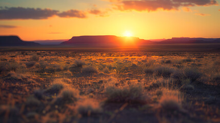 Sunset over a field in the steppe Beautiful landscape Silhouette journey through light