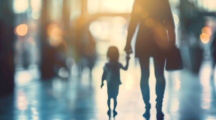 An image of a parent and child walking hand in hand with a blurred figure of a lawyer in the background symbolizing the legal consultation process for child custody. The focus - obrazy, fototapety, plakaty