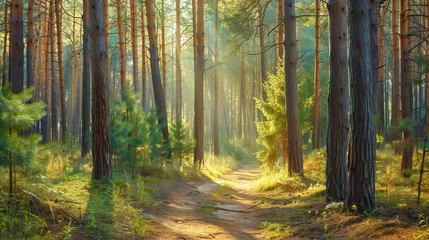 Foto op Canvas Pine forest panorama in summer. Pathway in the park © CREATIVE STOCK