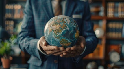 Close-up of businessman holding miniature globe in office