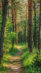 Fototapeta premium Pine forest panorama in summer. Pathway in the park