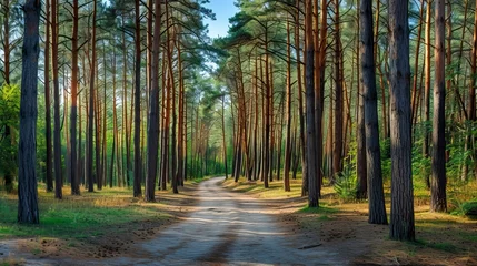 Poster Pine forest panorama in summer. Pathway in the park © CREATIVE STOCK