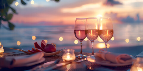 wine glasses and a rose on a table art romantic dinner at sunset on a tropical palm beach