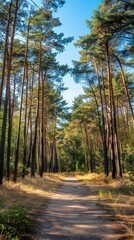 Pine forest panorama in summer. Pathway in the park