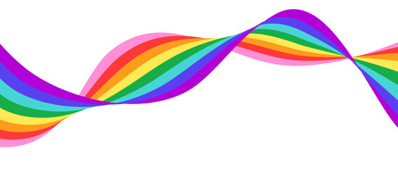 LGBTQ Pride month flag stripe. Rainbow wavy flowing ribbon design element. Rainbow colored wave background template shape for banner, poster, flyer, brochure, booklet, cover. Vector backdrop