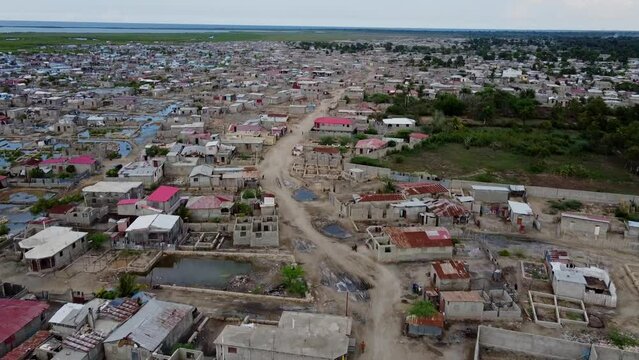 Poverty living conditions in Cap Haitien, Haiti. Flying over the small village.