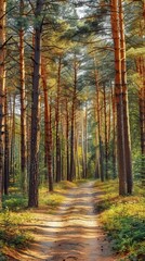 Fototapeta premium Pine forest panorama in summer. Pathway in the park
