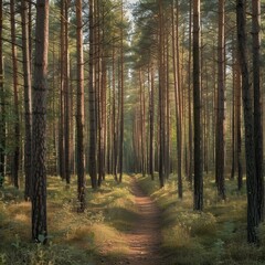 Obraz premium Pine forest panorama in summer. Pathway in the park