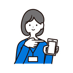 スマートフォンを持っている社員証を下げた日本人女性会社員のイラスト素材